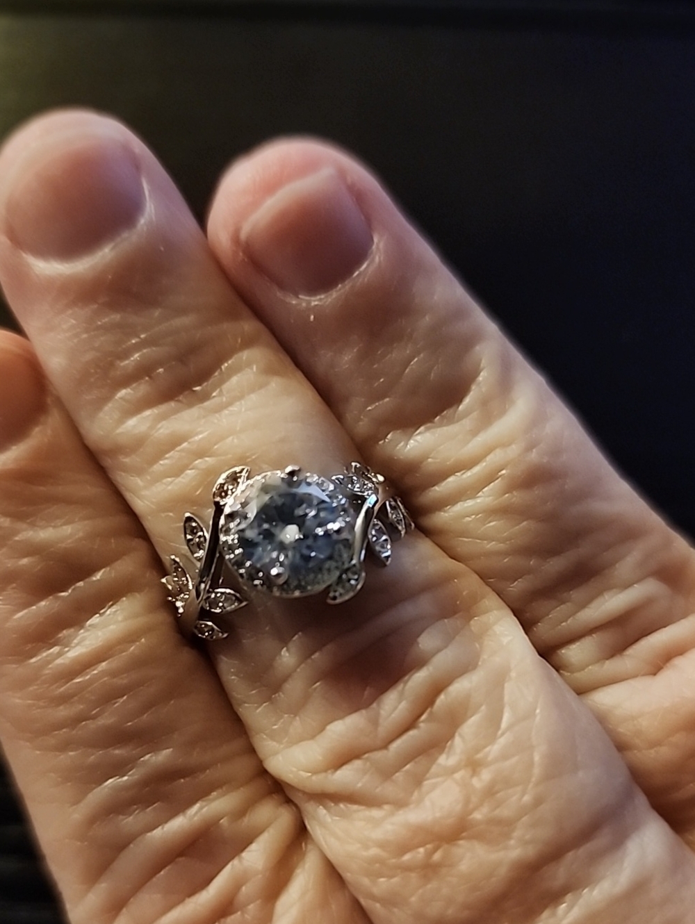 Silver Leaf Ring with Ice Blue Moissanite Center Stone - Size 6